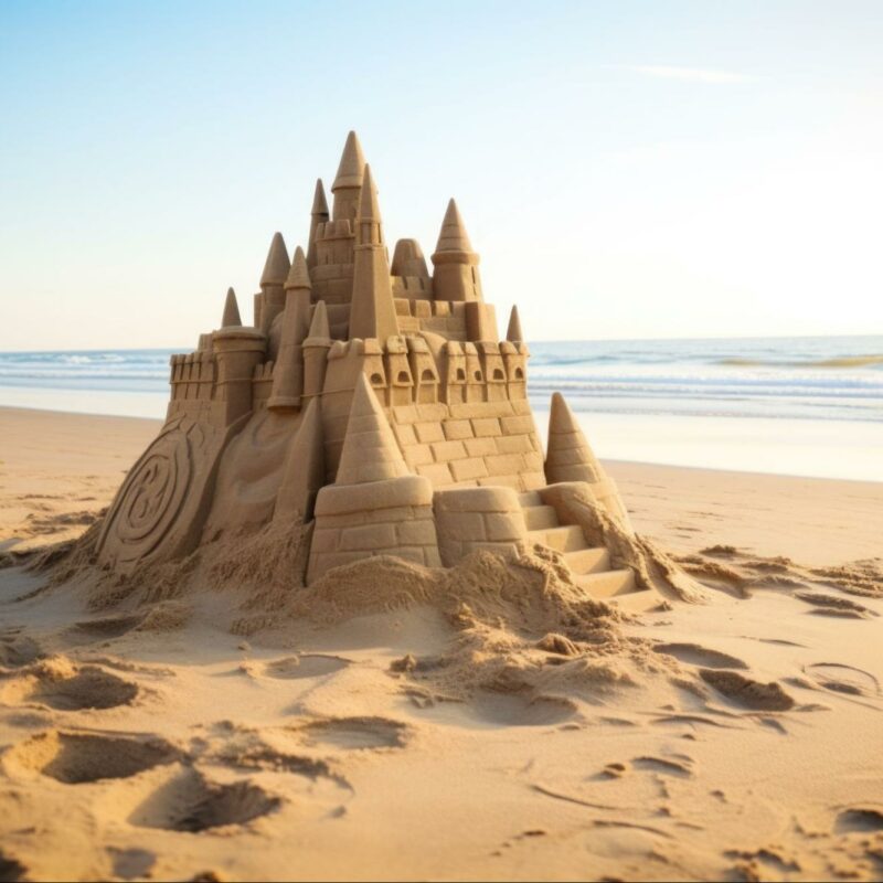 A detailed sandcastle with multiple turrets and windows, set on a beach with footprints in the sand and the ocean in the background, under a clear sky.
