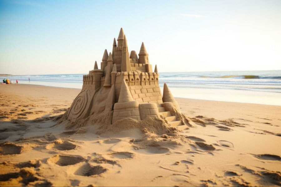 A detailed sandcastle with multiple turrets and windows, set on a beach with footprints in the sand and the ocean in the background, under a clear sky.